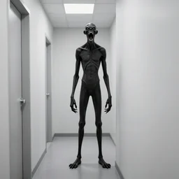 a tall black skinny, intelligent and menacing monster is roaring from behind a wall in a cramped empty liminal office hallway with dull yellow wallpaper and old moist yellow carpet, tilted frame, intricate, fluorescent lighting lit from above, ultra 4k, intricate, realistic