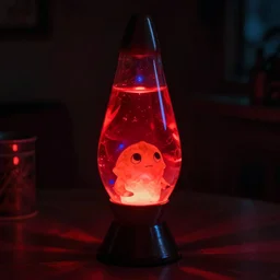 photorealistic digital painting of lava lamp in a glass bottle, very dim red lights, very dim blue lights, very dark room, dark background, very photorealistic, resembles lemon demon - view - monster album art
