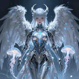 angel knight gothic girl. intricate, centered, amazing composition by amano yoshitaka, by rembrandt, illustrious makinami, digital art, digital painting, artstation trending, unreal engine, fractal flame, transparent jellyfish, transparent feathers, bio luminescent, ice, water, biomechanical, leds