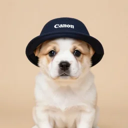a cute puppy wearing a hat, Canon EOS R3, f/1.4, ISO 200, 1/160s, 8K, RAW, unedited, symmetrical balance, in-frame