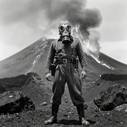 A juggernaut soldier with a gasmask standing in front of an erupting volcano, vintage, professional photography, black and white, cinematic, eerie
