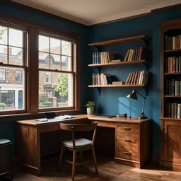 traditional style modern english small office room natural lights victorian townhouse home interior, dark teal blue and brown wood colors cozy