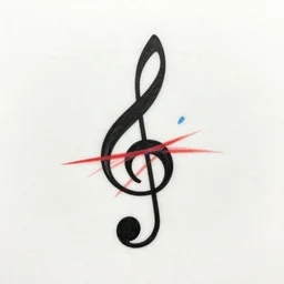 a clean single line drawing sketch for a tattoo, treble clef with scar line in the middle, clean single line tattoo with color burst when crossing scar