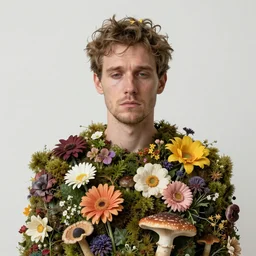 hyperrealist portrait of a sad man covered in a dress of flowers, moss and fungi. by jeremy mann and alphonse mucha, fantasy art, photo realistic, dynamic lighting, artstation, poster, volumetric lighting, very detailed faces, 4 k, award winning