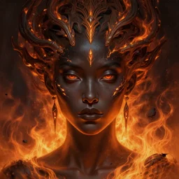 stunning goddess of fire portrait, dark skin, ashes, ember, fantasy, intricate, elegant, highly detailed, symmetrical face, digital painting, artstation, concept art, smooth, sharp focus, illustration, art by krenz cushart and artem demura and alphonse mucha and tony sandoval