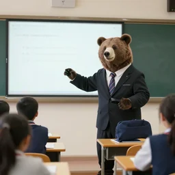a bear wearing a suit teaching in a classroom
