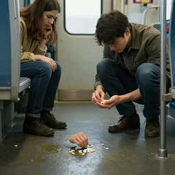 this man was counting tablets, then he dropped them on the floor. he asked the woman next to him if the train floor had been poisoned. she didn't know, but told him that perhaps if the air had been poisoned that it didn't matter, but if the floor had been cleaned with water, then perhaps the water had been poisoned