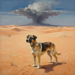 a painting of a dog in the desert, an airbrush painting by breyten breytenbach, cgsociety, neo - primitivism, dystopian art,! apocalypse landscape!!