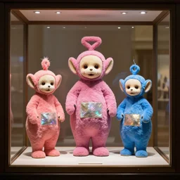 diorama windowstore vitrine at the american museum of natural history, new york, of very realistic dissected in furry pink and blue and iridiscent teletubbies as furry animals, photography portrait aesthetic by guy bourdin, museum artifact
