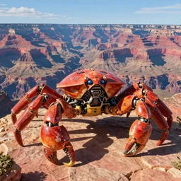 realistic physically based rendering of a giant mechanical robot crab at the grand canyon by jack kirby!!! and simon bisley, epic, awesome trendy color palette, cinematic, claymation, by wes anderson and joop geesink, diorama