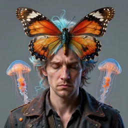 Karl Pilkington looking dazed with jellyfish butterfly phoenix head, intricate artwork by Tooth Wu and wlop and beeple, octane render, trending on artstation, greg rutkowski very coherent symmetrical artwork, cinematic, hyper realism, high detail, octane render, 8k