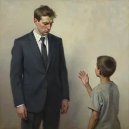 oil painting of a man in a suit indifferent to an poor and orphan boy who asks, by greg rutkowski, artstation