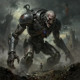 grim dark oil sci fi painting ai machine apocalypse, evil technology, wandering castle, pain, agony, suffer, octane rendering, trending on artstation, by zdzisław beksinski, studio ghibli, michael whealan and james gurney detailed, 8 k