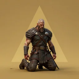 aesthetic 3 d model of a wounded viking warrior on his knees by anne stokes, greg rutkowski, and brian belledin : 1 | dirty bloody, concept art, character concept, matte background, golden ratio, rule of thirds, unreal engine, finalrender, centered, deviantart : 0. 9 | fantasy, artgerm, and larry elmore : 0. 5