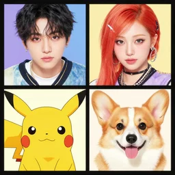 reol ( top left ) vixen ( top right ) pikachu ( bottom left ) corgi ( bottom right ) kpop album cover