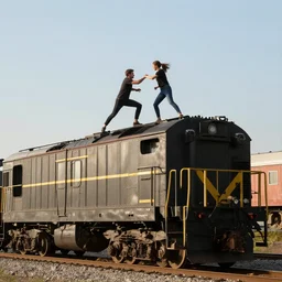 two people fighting on top of a coal train