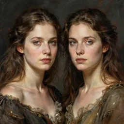 frontal portrait of female adult twins in the apocalypse, by vladimir makovsky, donato giancola, and norman rockwell.