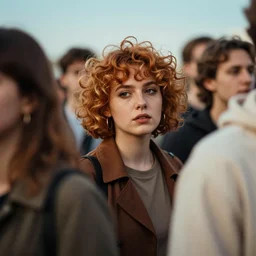 portrait woman with short ginger curly hair in the crowd, dynamic lighting, gradient light blue, brown, blonde cream and white color scheme, grunge aesthetic