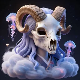 galaxy, character, 3 d godess, cloud, volumetric, dreamy, ram skull, bio, jellyfish, 3 ds max + vray, japanese kimono mask, portrait, close up, cinematic, super fine detailed, detailing