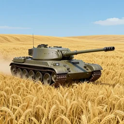 in russian tank boss fight, in yellow rye field under blue sky