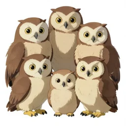 a family of owlets. the owls have really detailed, fluffy feathers. the image is by hayao miyazaki
