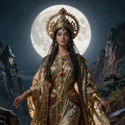 goddess of the moonlit mountains with her regalia, by Annie Swynnerton and Nicholas Roerich and jean delville, dramatic cinematic lighting , ornate headdress , flowing robes, lost civilizations, extremely detailed