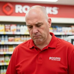 a portrait of a sad balding man, red polo shirt, rogers wireless canada store, photorealistic style
