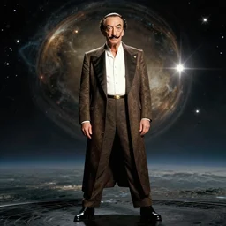 the full body shot of very arrogant salvador dali in the role of emperor of universe | still frame from the prometheus movie by ridley scott with cinematogrophy of christopher doyle and art direction by hans giger, anamorphic bokeh and lens flares, 8 k, higly detailed masterpiece