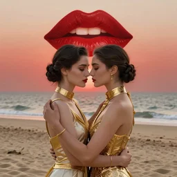 woman love woman, sweet hugs, gold trim, atmoshperic, elegant, sharp focus, sand sea, red sun, huge lips, by knight zhang, queen of pain. trending on artstation, intricate details