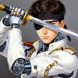 portrait of a young white hero using his right arm to hold his sword covering his eye by yoji shinkawa, high quality, extra details, realism, ornate, colored, golden chain, blood, white skin, short hair, brown eyes, vivid, sunlight, headband, eyepatch, white american soldier, painting, cybernetics, military