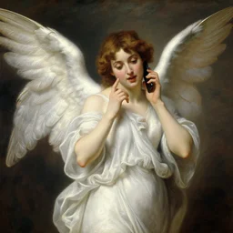 a glorious oil painting of an angel talking through an iPhone, by Bouguereau, highly realistic and intricate