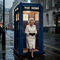 Concept art of Queen Elizabeth II stepping out of the Tardis on a dark rainy London street