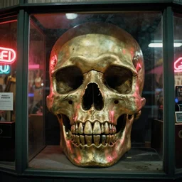 giant metallic skull  inside of a 1970s music store store, neon lights, dirty, ektachrome photograph, volumetric lighting, f8 aperture, cinematic Eastman 5384 film