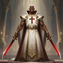 a highly detailed illustration of african priest with short white hair, wearing cross on robe, wielding red blades made of blood, evil standing smiling pose, gothic church background, muscular, intricate, elegant, highly detailed, centered, digital painting, artstation, concept art, smooth, sharp focus, league of legends concept art, WLOP