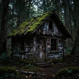 a creepy wooden shack in the middle of a forest, dark, shadows, moss, rotting wood, cinimatic, scary
