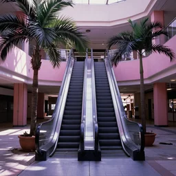 1980s color magazine photo of an escalator in an abandoned mall, with interior potted palm trees, and pink walls, decaying dappled sunlight, cool purple lighting