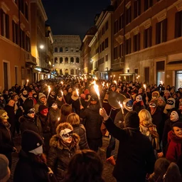 streets of rome during carnival at night in 1 7 9 9, with crowds carrying small torches, trying to extinguish those of the neighbours, everybody masked, great joy and mess