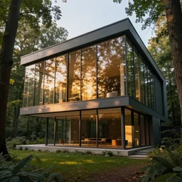modern architecture in a forest, large glass windows, golden hour, ray tracing reflection, 8k, hyper realistic