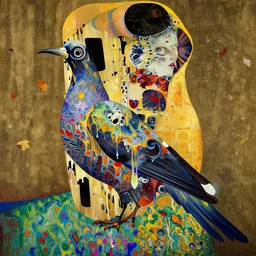 an insanely detailed cell shaded vector art of a profile portrait of a mechanical bird with woman and the death, intricate detailed color smashing fluid oil paint and acrylic, autumn leaves, melting wax, mycelia, abstract impressionism, ruan jia, fantasy, hyper detailed, concept art, by gustav klimt,