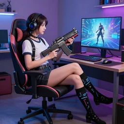 male dressed up as female with programming socks sitting on gaming chair holding weapon and playing fortnite on pc