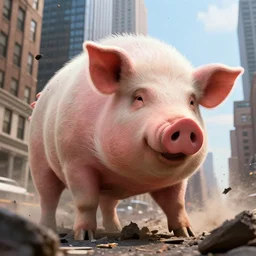 award winning photo of a giant kaiju pig destroying new york, steven spielberg movie