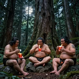 photo, neanderthal people, sumo! japanese!, eating inside mcdonalds, gigantic forest trees, sitting on rocks, bright moon