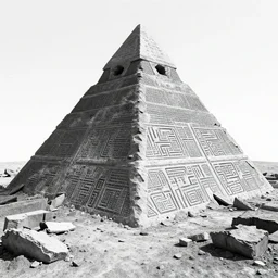 entities, muck and geoglyphs that form a pyramid, geometric patterns, impossible structures, decayed, broken pieces, black and white, rendered in cinema 4 d, highly detailed, interesting textures, experimental