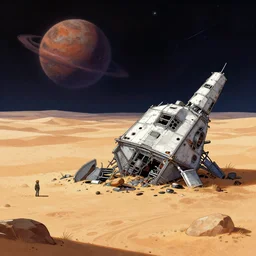 next to the wreckage of a crashed spacecraft on a remote desert planet, from a space themed point and click 2 d graphic adventure game, art inspired by thomas kinkade