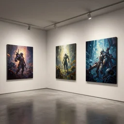 a modern gallery with paintings, by pascal campion, octane render, unreal engine 6, epic game graphics, fantasy, cyberpunk, conceptual art, ray tracing