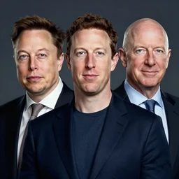 portrait of elon mus, mark zuckerberg and jeff bezos together, together, very detailled, art contest winner on behance, trendy on deviant art, by by artgem, greg rutkowski