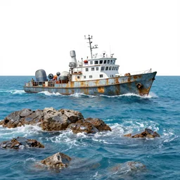 a boat on the seas, the sea is made of metal and rock but still works like water, tell a story, surprise me