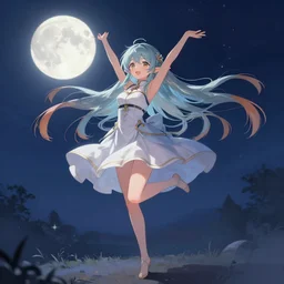 digital painting of a long hair anime lady ELF dancing in the moonlight in the style of Sakimichan