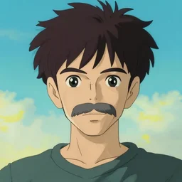 a handsome 3 0 year old man, curly short dark hair, by hayao miyazaki, studio ghibli, akira, mustache, some grey hair, green eyes, large ears, small nose, cool look, portrait of an anime character