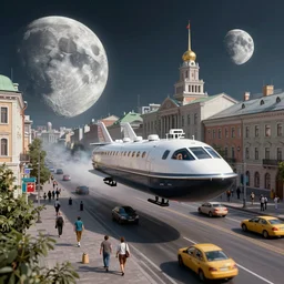 hovercraft in russian city on the moon designed by ash thorp, busy street, rendered in octane, photorealistic, detailed, trending on artstation, 8 k hdr